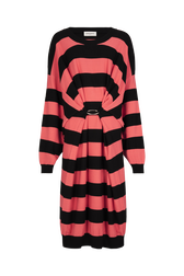Maxi round-neck knitted dress Striped black/coral front view