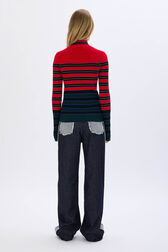 Striped knitted sweater with stand-up collar Striped blue/red back worn view