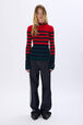 Striped knitted sweater with stand-up collar Striped blue/red front worn view