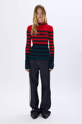 Striped knitted sweater with stand-up collar Striped blue/red front worn view