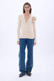 Round neck cardigan with flower detail Vanilla front worn view