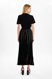 Women Multicolor Striped Long Pleated Skirt Black back worn view