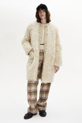 Shearling and Leather Straight-Cut Reversible Coat Ecru front worn view