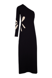 Women Openwork Floral Knit Asymmetrical Maxi Dress Black front view