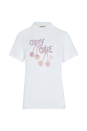 Women Rhinestone Cherry Print Cotton T-Shirt Baby blue front view