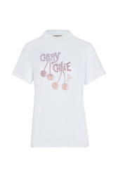 Women Rhinestone Cherry Print Cotton T-Shirt Baby blue front view