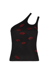 Asymmetrical jersey tank top Black front view