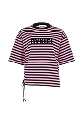 Striped short-sleeved crew-neck T-shirt Pink/black front view
