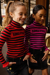 Sonia Rykiel Logo Striped Knitted Turtleneck Sweater Red front worn view