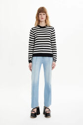 Women Striped Long sleeve Poorboy Sweater Black/white front worn view