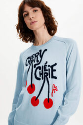 Women Cherry Print Sweater Baby blue details view 2