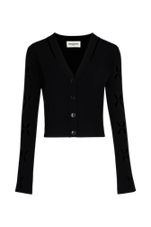 Women Black Cardigan Knit Openwork Flower Black front view