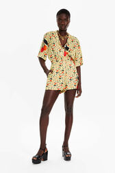 Women Cherry Print Twill Shorts Baby yellow front worn view