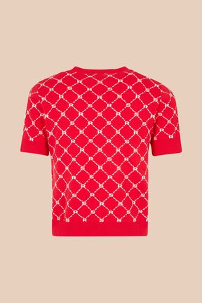 Women Jacquard Short Sleeve Sweater Red back view