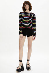 Women Picot Multicolor Striped Cardigan Multico black striped front worn view