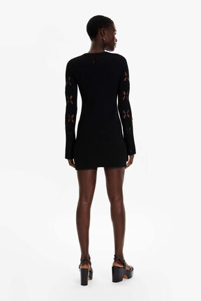 Robe courte fleur ajourée maille femme Noir vue portée de dos