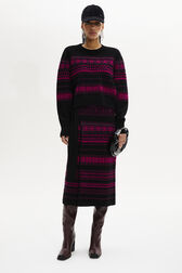 Fair Isle Print Wool Knit Midi Wrap Skirt Fuchsia front worn view