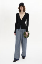Long-Sleeved V-Neck Cardigan Black front worn view