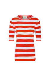 Ribbed striped sweater with round neck and short sleeves Tangerine/white stripe front view