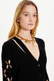 Women Black Cardigan Knit Openwork Flower Black details view 2