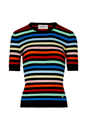 Women Multicolor Striped Ribbed Short Sleeve Top Multico striped front view