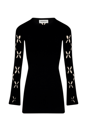 Robe courte fleur ajourée maille femme Noir vue de face