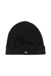 Bonnet laine fleur en relief femme Noir vue de face