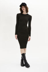 Striped Long-Sleeved Crew Neck Dress Striped black/khaki front worn view