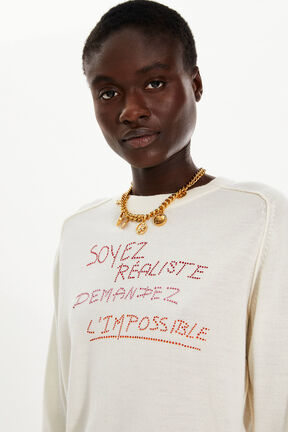 Pull slogan strassé femme Blanc vue de détail 2