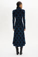 Baroque Print Close-Fit Velvet Dress Blue back worn view