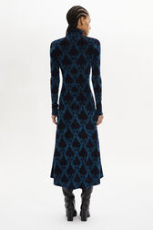Baroque Print Close-Fit Velvet Dress Blue back worn view