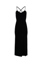 Designer Strappy Split Midi Wool Dress Black front view