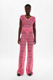 Women Striped Openwork Lace Trousers Pink front worn view