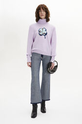 Intarsia Clover Print Cashmere Knit Turtleneck Sweater Lilac front worn view