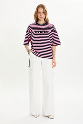 Striped short-sleeved crew-neck T-shirt Pink/black front worn view