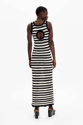 Women Striped Openwork Maxi Dress Black/ecru back worn view