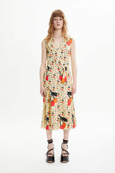 Robe midi twill motif cerise femme Baby yellow vue portée de face