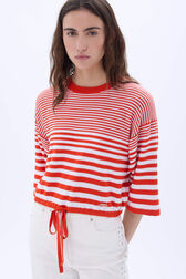 Short striped sweater with round neck and short sleeves Tangerine/white stripe details view 2