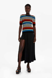 Women Multicolor Striped Ribbed Short Sleeve Top Multico striped front worn view
