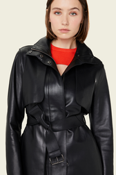 Women Long Black Leather Jacket Black details view 2
