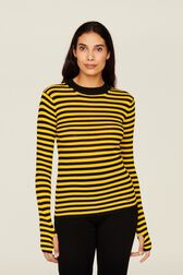 Women Multicoloured Striped Rib Sock Knit Sweater Striped black/mustard details view 1