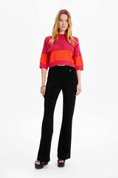 Women Two-Tone Fishnet Crop Top Striped fuchsia/coral front worn view