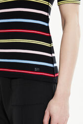 Women Picot Multicolor Striped Open Neck T-Shirt Multico black striped details view 2