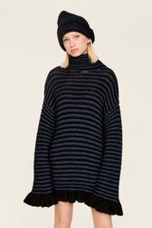 Robe courte col roulé lurex femme Raye noir/bleu vue portée de face