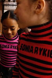 Pull à col roulé tricot rayé logo Sonia Rykiel Rouge vue de détail 1