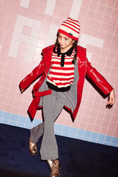 Striped Girl Long Sleeve Polo Knit Red/vanilla front worn view