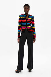 Women Poorboy knitted striped cardigan Multico striped front worn view