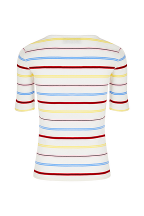 Women Picot Multicolor Striped Open Neck T-Shirt Multico white striped back view