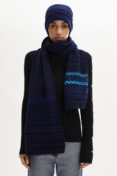 Fair Isle Print Wool Knit Long Scarf Blue front worn view