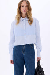 Chemise crop en coton à manches longues fines rayures Raye blanc / bleu vue de détail 1